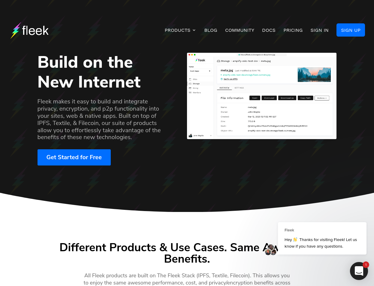 The Fleek homepage, showing a "Build on the New Internet" slogan at the top.