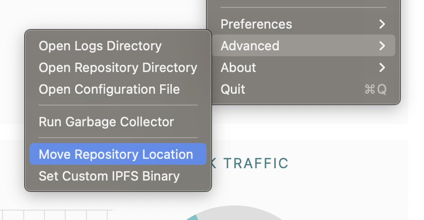 The advanced options IPFS tray menu in MacOS.