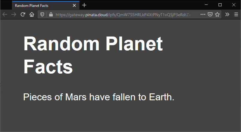 Random planet fact website pinned using Pinata and displayed in Firefox